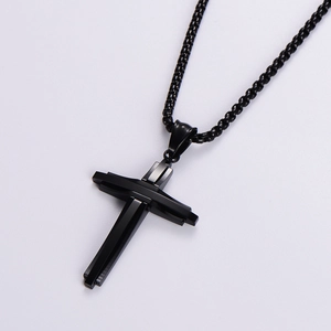 Men's black stainless steel double layered cross pendant necklace with box chain