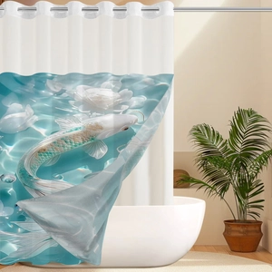 Detailed view of the 3D double-layered shower curtain featuring koi fish and lotus patterns