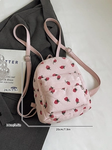 Pink corduroy strawberry backpack for women, dimensions 24x20x14cm with zipper pockets