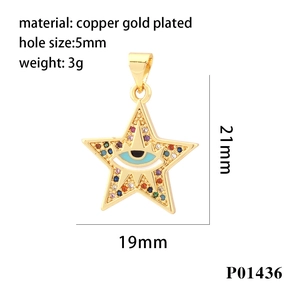 Star-shaped gold copper pendant with blue evil eye enamel and colorful cubic zirconia