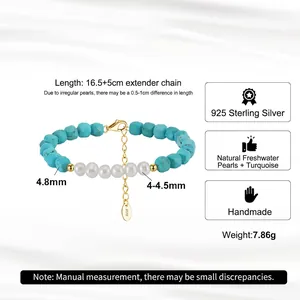 Handmade S925 silver bracelet with faceted turquoise beads and natural freshwater pearls