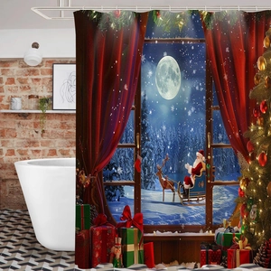 Detailed view of a waterproof Christmas shower curtain featuring Santa on a reindeer sleigh