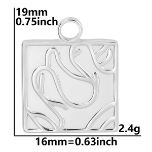 Detailed size specifications for square tulip relief pendant measuring 19mm by 16mm