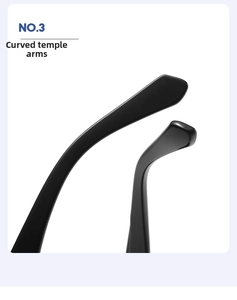 Close-up of curved ergonomic temples on glossy black trendy cat eye sunglasses