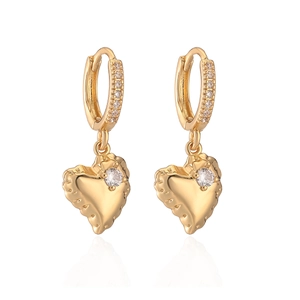 Exquisite gold-plated heart drop earrings featuring sparkling zircon pave on white background