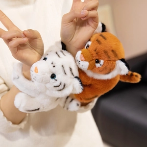 Cute white and orange plush tiger slap bracelets for kids, soft animal wristband toys
