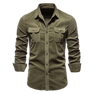 Men's olive green corduroy long sleeve shirt with double pockets in slim fit design