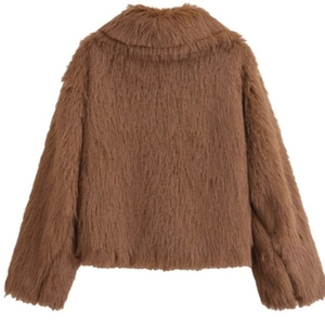 Back view of a cozy dark brown faux fur jacket with fluffy texture and oversized lapels