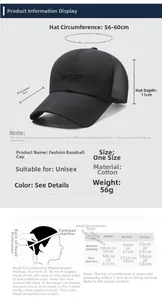 Size chart showing dimensions for breathable mesh sport baseball cap with 56-60cm circumference