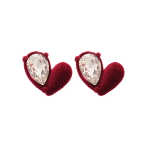 Elegant wine red flocked heart stud earrings with sparkling crystal accents for women
