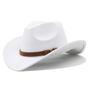 Close-up of white felt cowboy hat with brown suede band and gold buckle detail