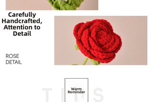 Detailed close-up of handmade crochet red rose with intricate yarn texture and green stem