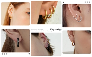Minimalist hoop earrings in gold, silver and black shown in multiple sizes and styles