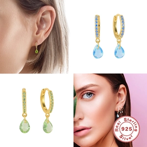 Real S925 sterling silver hoop earrings with blue and green pear shaped drops