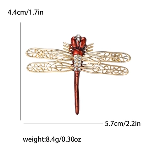 Fashion alloy enamel dragonfly brooch with gold wings and crystals, size 4.4x5.7cm