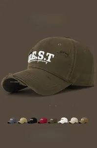 Detailed view of the distressed brim and vintage 3D embroidery on the baseball cap