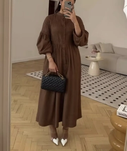 Detail of dark brown long-sleeve dress with button front and pleated lantern sleeves