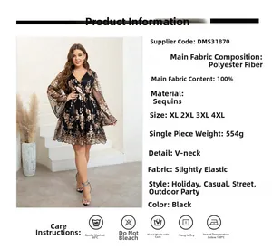 Close-up of V-neck plus size dress with sequin floral patterns and premium polyester fabric