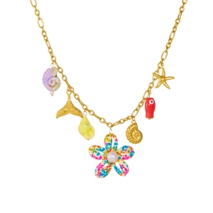 Gold ocean necklace with colorful flower, pearl, shell, starfish and fish tail charms