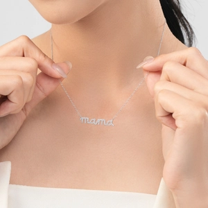 S925 sterling silver MAMA letter necklace with micro-pave diamonds on model