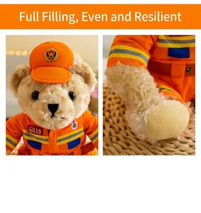 Detail view of a firefighter plush bear with high-quality uniform and soft filling