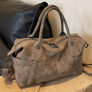 Large Capacity Boston Handbag Frosted PU Leather Vintage Travel Crossbody Bag Women Retro Style Solid Color