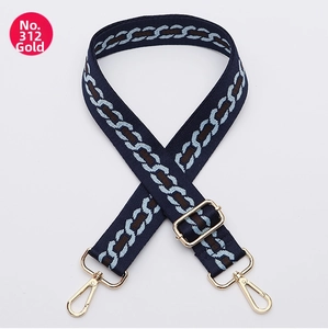 Adjustable shoulder strap with navy geometric pattern and gold-tone metal hooks