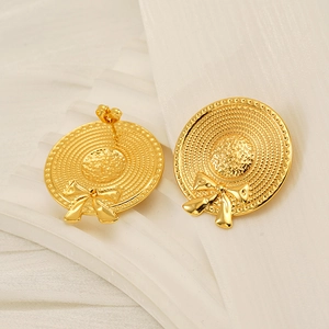 Golden stainless steel wide-brim straw hat stud earrings with bow tie texture