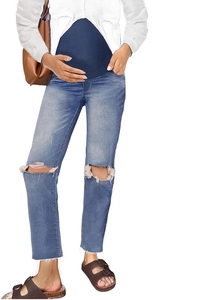 Close-up of maternity jeans featuring high-waisted belly support and distressed knee detail