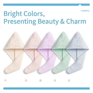 5-piece set of thick coral fleece hair towels in assorted pastel colors with buttons