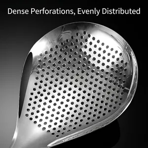 Close-up of a 304 stainless steel slotted spoon with dense, uniform drainage holes