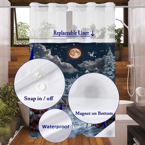 Detail of waterproof waffle shower curtain with snap-in liner and bottom magnets