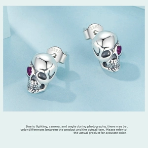 Detail of S925 silver skull earrings with purple heart crystal in punk style