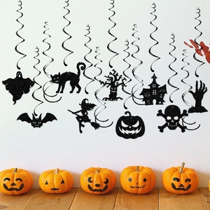 Halloween spiral ceiling hanging decorations with black glitter ghosts and bat silhouettes