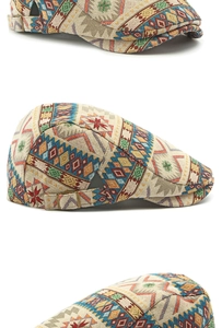 Detail of colorful ethnic jacquard fabric and antique bronze buckle on the flat cap