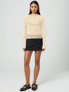 Detail of sheer cream mesh top featuring vertical ribbed texture and crew neck design