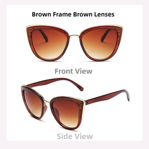 Detail view of cat eye sunglasses with brown frames and golden metal accents