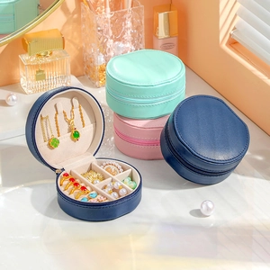 Portable round leather jewelry organizer box with mirror and zipper in multiple colors