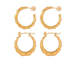 Vintage Bamboo Joint Texture Hoop Earrings Titanium Steel Gold Plated Geometric Fashion Jewelry Women