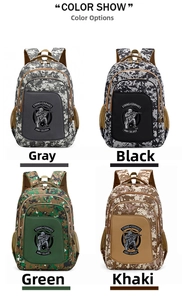 Four digital camouflage backpacks in grey, black, green and khaki colors displayed