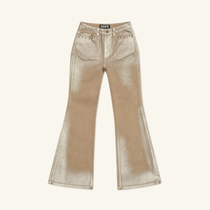 Champagne gold metallic coated flare jeans in high-waisted retro style by SMFK