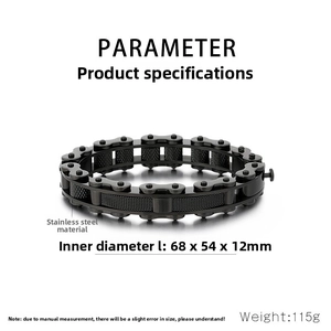Macro detail of matte black stainless steel bike chain bracelet with dimensions 68x54x12mm
