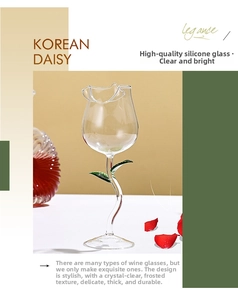 Detailed view of handmade rose-shaped borosilicate wine glass with green leaf accents
