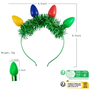Detailed dimensions of Christmas bulb headband showing height, width, and weight specs