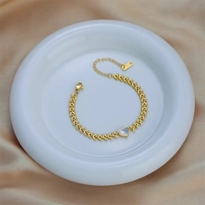 18K gold plated heart shell charm bracelet with wheat chain on champagne silk