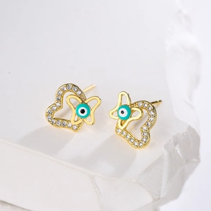 18K gold plated heart-shaped evil eye stud earrings with turquoise enamel and zircons