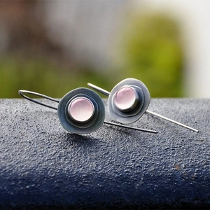 Elegant long drop earrings with round pink moonstone and multilayered metal geometry