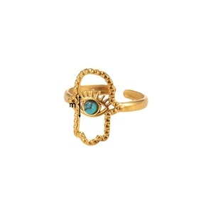 Gold Hamsa Hand adjustable ring with turquoise stone and beaded edges on white background