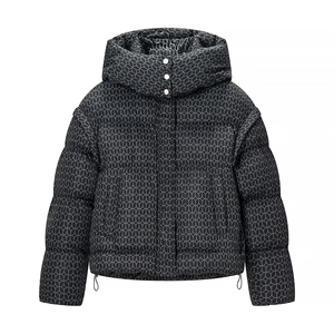 Women's 2025 winter hooded puffer jacket with black and grey geometric patterns