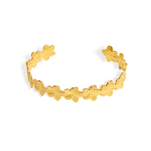 Vintage gold stainless steel open bangle featuring a minimalist geometric floral pattern